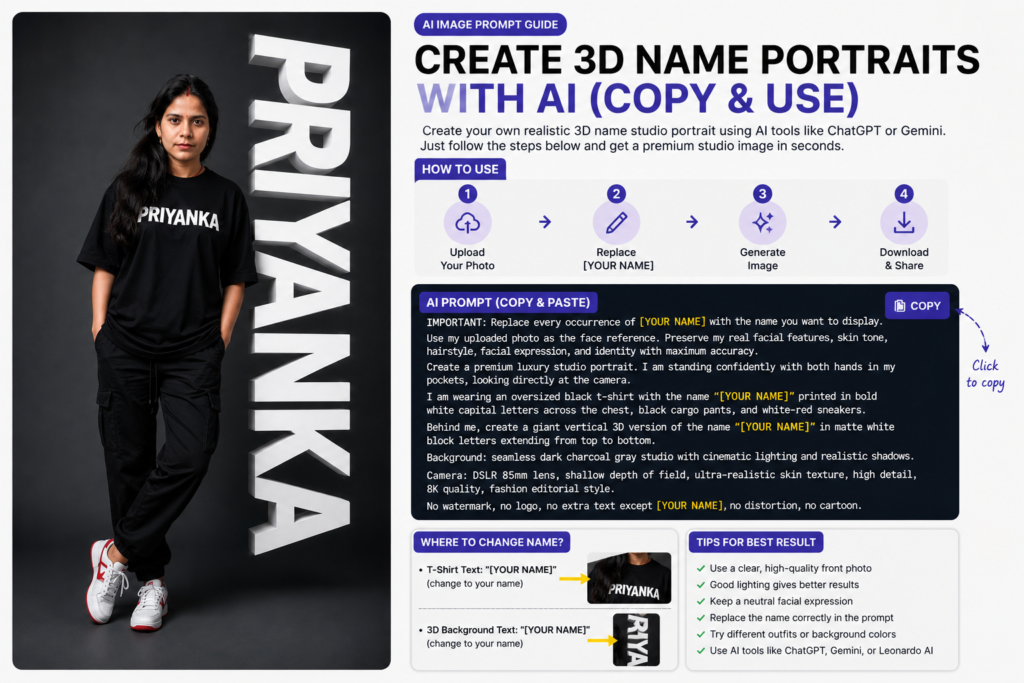 AI Name Portrait, 3D Name Portrait Prompt, AI Studio Portrait, ChatGPT Image Prompt, Gemini Image Prompt, AI Photo Prompt, AI Portrait Generator, 3D Name AI Image, Name Poster AI, AI Fashion Portrait, AI Studio Photo, AI Image Generator Prompt, Copy Paste AI Prompt, ChatGPT Photo Editing Prompt, Gemini Photo Prompt, AI Prompt Copy, AI Trend 2026, Personalized AI Portrait, AI Name Art, 3D Text Portrait, AI Profile Picture, Studio Portrait Prompt, Realistic AI Portrait, AI Prompt Tutorial, AI Image Editing, AI Photo Generator, AI Prompt Blog, ChatGPT AI Images, Gemini AI Images, AI Portrait Prompt